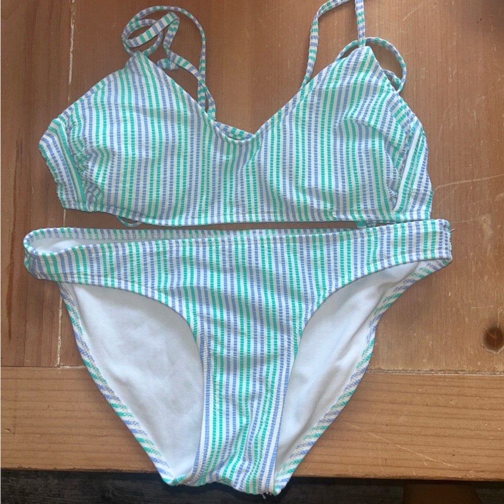 Blue and White Striped Bikini Swim Set